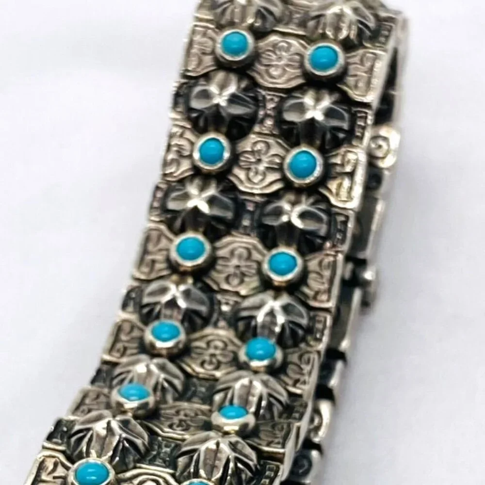 SOLD!! Konstantino Sterling Silver Turquoise Panel Links Bracelet 6.75" - Picture 6 of 16